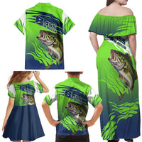 Bass Master Fishing Family Matching Off Shoulder Maxi Dress and Hawaiian Shirt with Jumping Largemouth Bass and Green Wave Pattern - Wonder Print Shop
