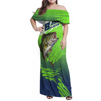 Bass Master Fishing Family Matching Off Shoulder Maxi Dress and Hawaiian Shirt with Jumping Largemouth Bass and Green Wave Pattern - Wonder Print Shop