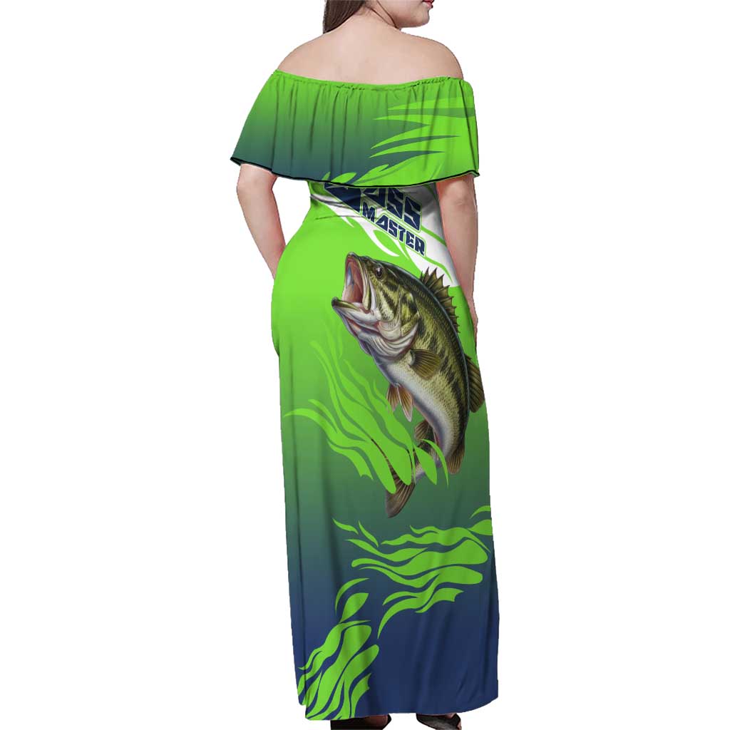 Bass Master Fishing Family Matching Off Shoulder Maxi Dress and Hawaiian Shirt with Jumping Largemouth Bass and Green Wave Pattern - Wonder Print Shop