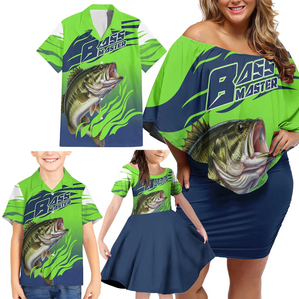 Bass Master Fishing Family Matching Off Shoulder Short Dress and Hawaiian Shirt with Jumping Largemouth Bass and Green Wave Pattern - Wonder Print Shop