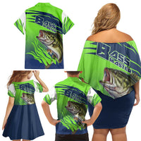 Bass Master Fishing Family Matching Off Shoulder Short Dress and Hawaiian Shirt with Jumping Largemouth Bass and Green Wave Pattern - Wonder Print Shop