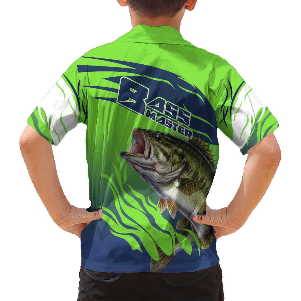 Bass Master Fishing Family Matching Puletasi and Hawaiian Shirt with Jumping Largemouth Bass and Green Wave Pattern - Wonder Print Shop