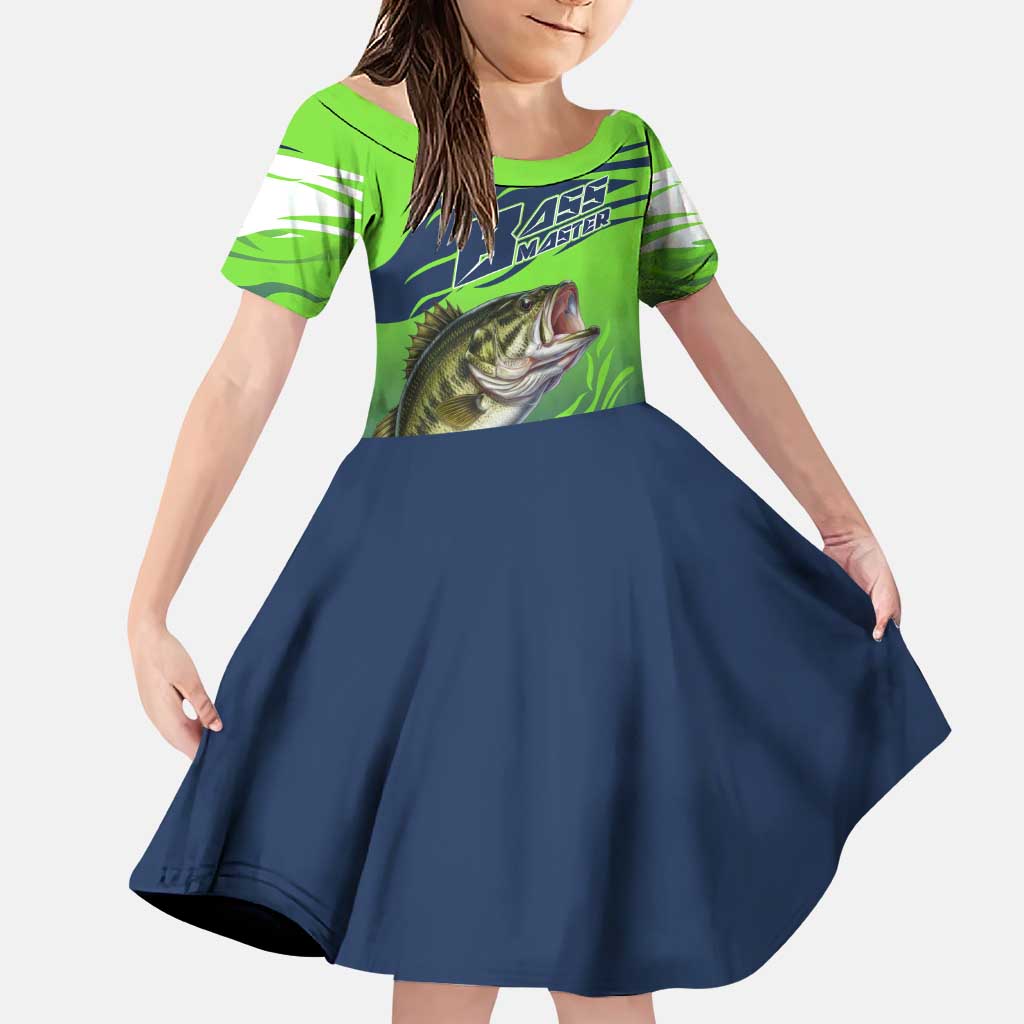 Bass Master Fishing Family Matching Puletasi and Hawaiian Shirt with Jumping Largemouth Bass and Green Wave Pattern - Wonder Print Shop