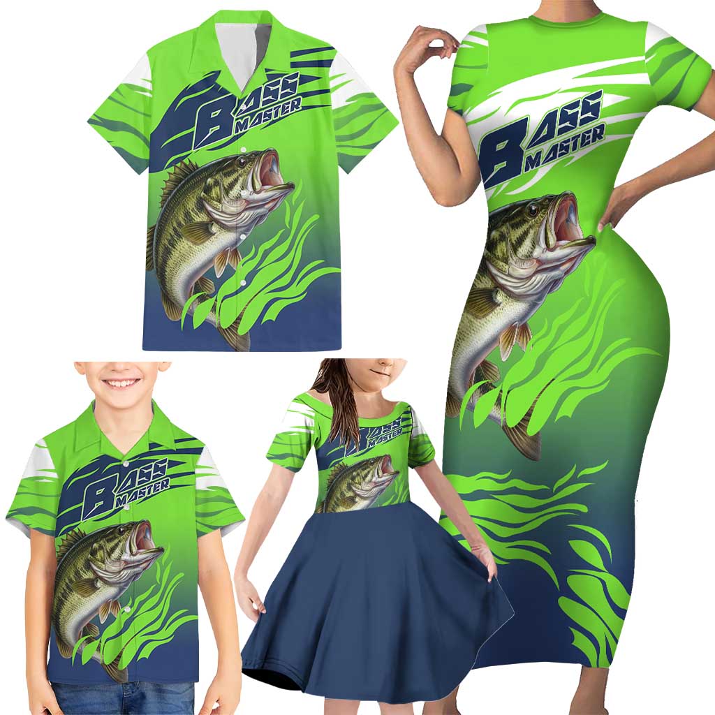 Bass Master Fishing Family Matching Short Sleeve Bodycon Dress and Hawaiian Shirt with Jumping Largemouth Bass and Green Wave Pattern - Wonder Print Shop