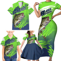 Bass Master Fishing Family Matching Short Sleeve Bodycon Dress and Hawaiian Shirt with Jumping Largemouth Bass and Green Wave Pattern - Wonder Print Shop