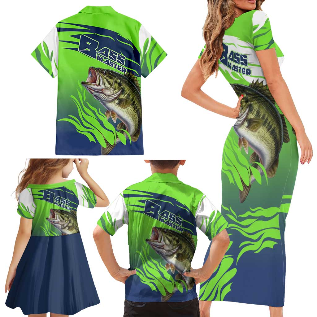 Bass Master Fishing Family Matching Short Sleeve Bodycon Dress and Hawaiian Shirt with Jumping Largemouth Bass and Green Wave Pattern - Wonder Print Shop