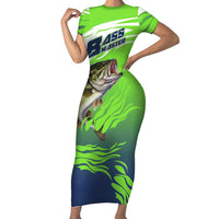 Bass Master Fishing Family Matching Short Sleeve Bodycon Dress and Hawaiian Shirt with Jumping Largemouth Bass and Green Wave Pattern - Wonder Print Shop