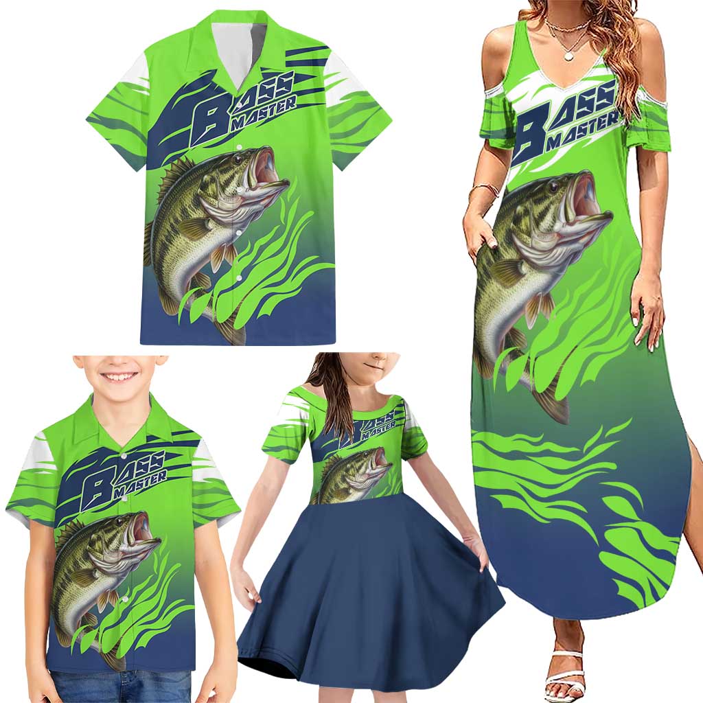 Bass Master Fishing Family Matching Summer Maxi Dress and Hawaiian Shirt with Jumping Largemouth Bass and Green Wave Pattern - Wonder Print Shop