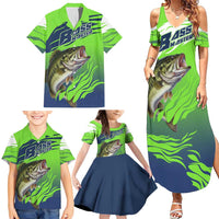 Bass Master Fishing Family Matching Summer Maxi Dress and Hawaiian Shirt with Jumping Largemouth Bass and Green Wave Pattern - Wonder Print Shop