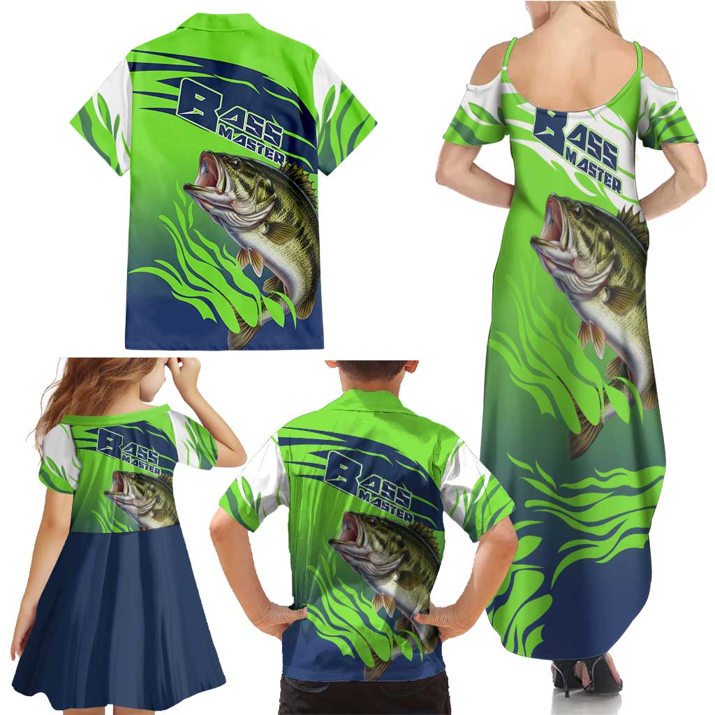 Bass Master Fishing Family Matching Summer Maxi Dress and Hawaiian Shirt with Jumping Largemouth Bass and Green Wave Pattern - Wonder Print Shop