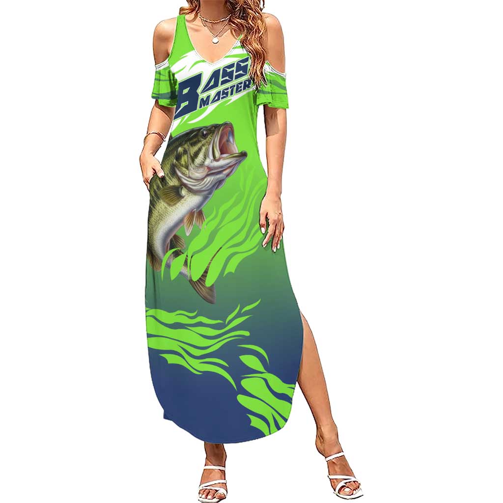 Bass Master Fishing Family Matching Summer Maxi Dress and Hawaiian Shirt with Jumping Largemouth Bass and Green Wave Pattern - Wonder Print Shop