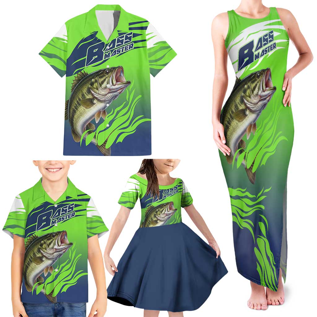 Bass Master Fishing Family Matching Tank Maxi Dress and Hawaiian Shirt with Jumping Largemouth Bass and Green Wave Pattern - Wonder Print Shop