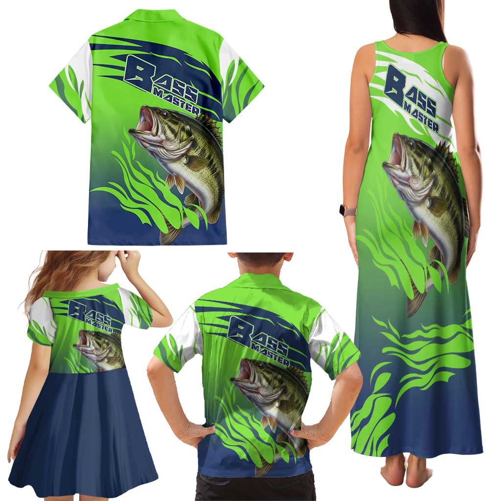 Bass Master Fishing Family Matching Tank Maxi Dress and Hawaiian Shirt with Jumping Largemouth Bass and Green Wave Pattern - Wonder Print Shop