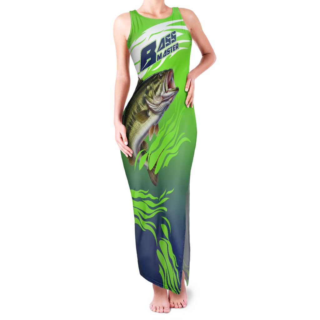 Bass Master Fishing Family Matching Tank Maxi Dress and Hawaiian Shirt with Jumping Largemouth Bass and Green Wave Pattern - Wonder Print Shop