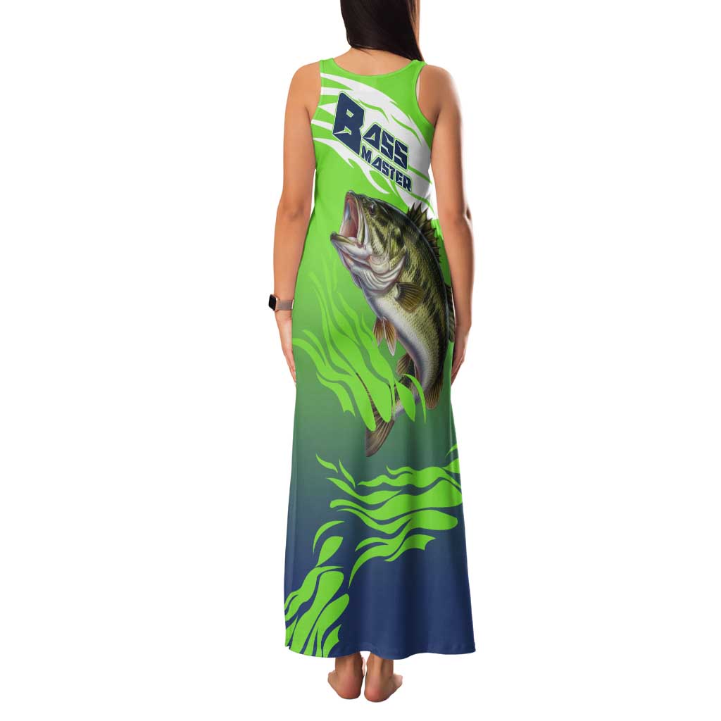 Bass Master Fishing Family Matching Tank Maxi Dress and Hawaiian Shirt with Jumping Largemouth Bass and Green Wave Pattern - Wonder Print Shop