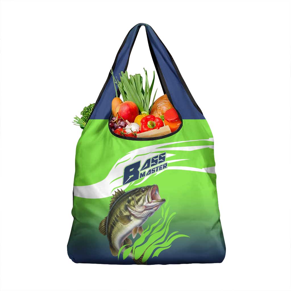 Bass Master Fishing Grocery Bag with Jumping Largemouth Bass and Green Wave Pattern - Wonder Print Shop