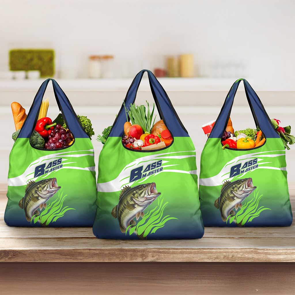 Bass Master Fishing Grocery Bag with Jumping Largemouth Bass and Green Wave Pattern