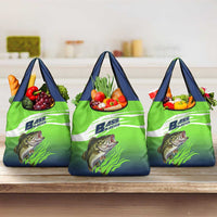 Bass Master Fishing Grocery Bag with Jumping Largemouth Bass and Green Wave Pattern - Wonder Print Shop