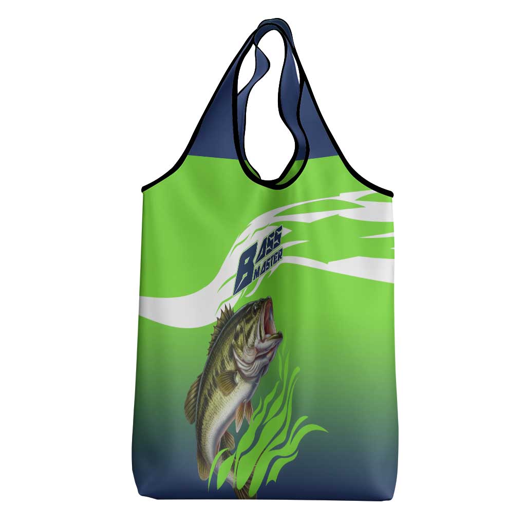 Bass Master Fishing Grocery Bag with Jumping Largemouth Bass and Green Wave Pattern - Wonder Print Shop