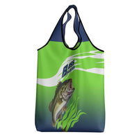 Bass Master Fishing Grocery Bag with Jumping Largemouth Bass and Green Wave Pattern - Wonder Print Shop