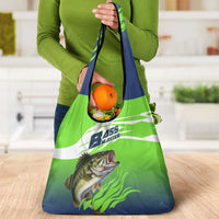 Bass Master Fishing Grocery Bag with Jumping Largemouth Bass and Green Wave Pattern - Wonder Print Shop