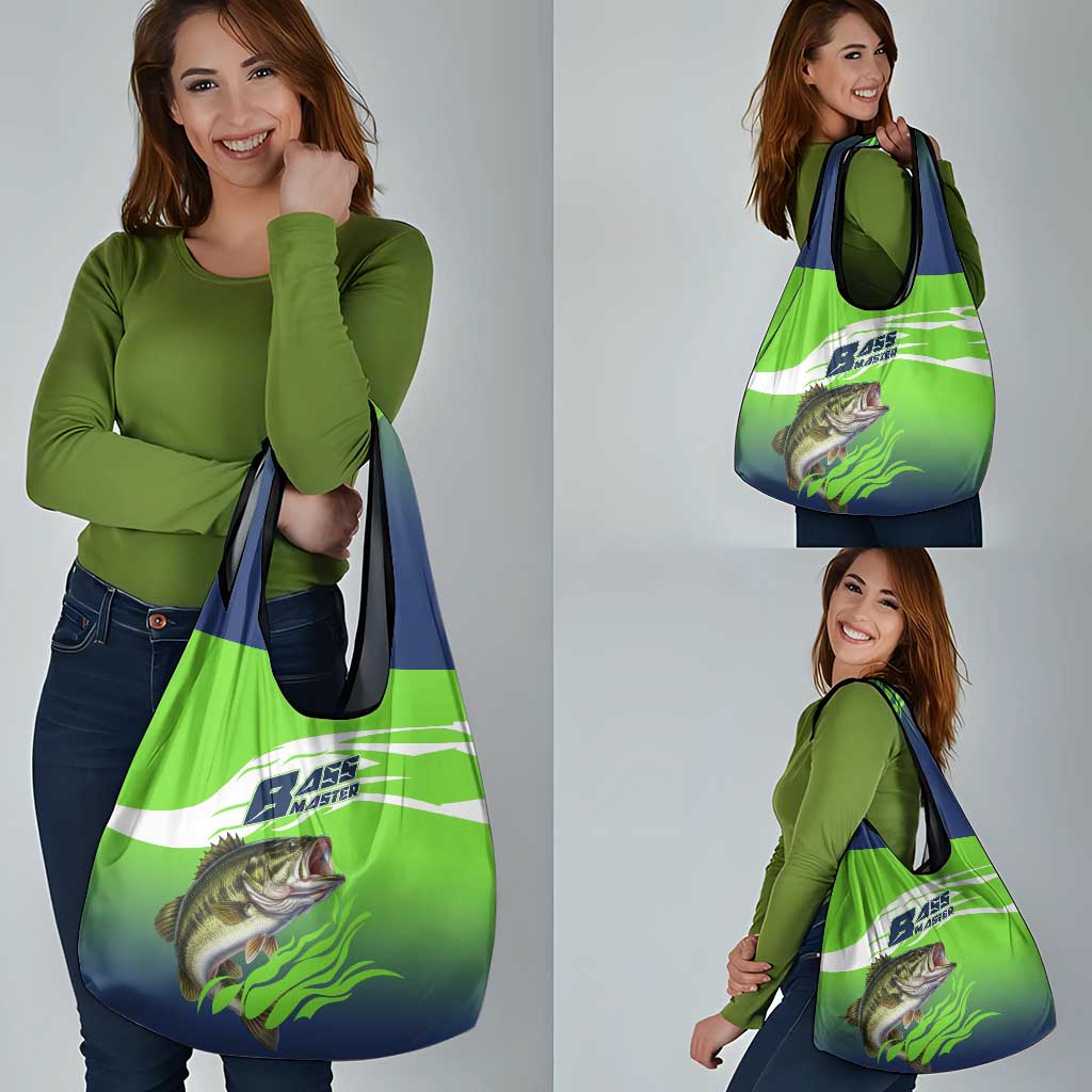 Bass Master Fishing Grocery Bag with Jumping Largemouth Bass and Green Wave Pattern - Wonder Print Shop
