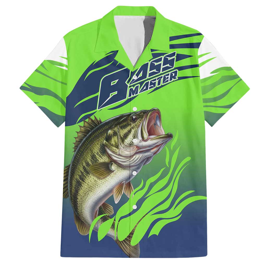Bass Master Fishing Hawaiian Shirt with Jumping Largemouth Bass and Green Wave Pattern - Wonder Print Shop