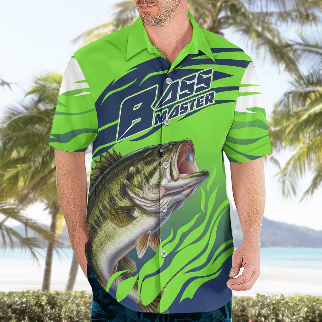 Bass Master Fishing Hawaiian Shirt with Jumping Largemouth Bass and Green Wave Pattern - Wonder Print Shop