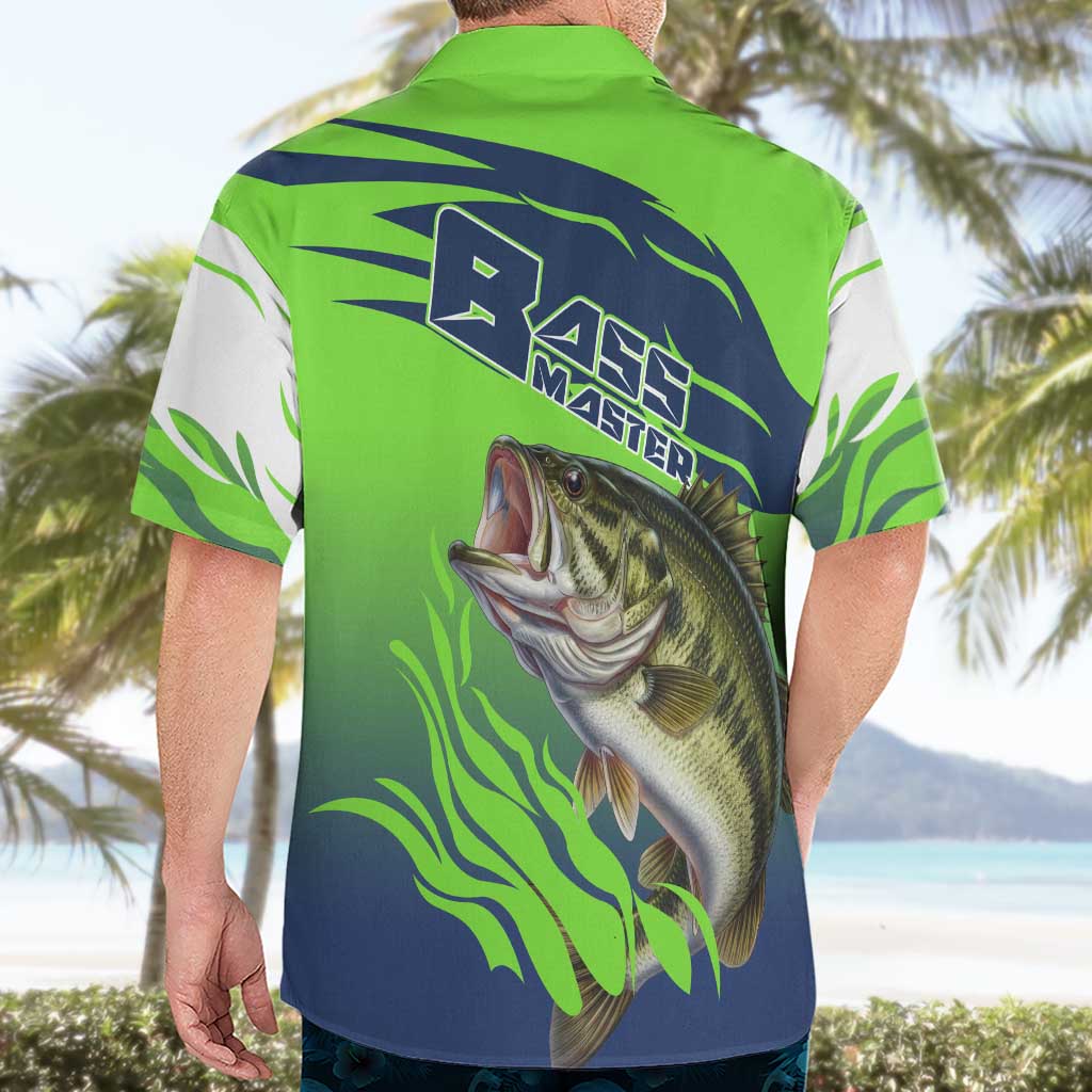 Bass Master Fishing Hawaiian Shirt with Jumping Largemouth Bass and Green Wave Pattern - Wonder Print Shop