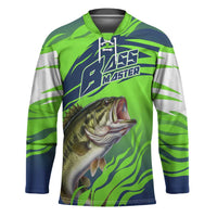 Bass Master Fishing Hockey Jersey with Jumping Largemouth Bass and Green Wave Pattern - Wonder Print Shop