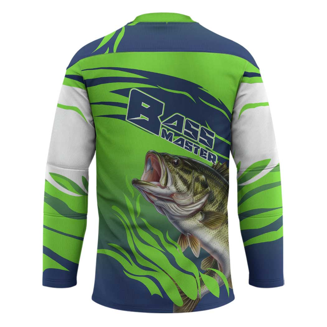 Bass Master Fishing Hockey Jersey with Jumping Largemouth Bass and Green Wave Pattern - Wonder Print Shop