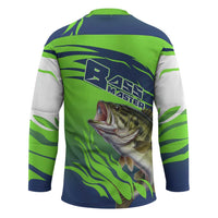 Bass Master Fishing Hockey Jersey with Jumping Largemouth Bass and Green Wave Pattern - Wonder Print Shop