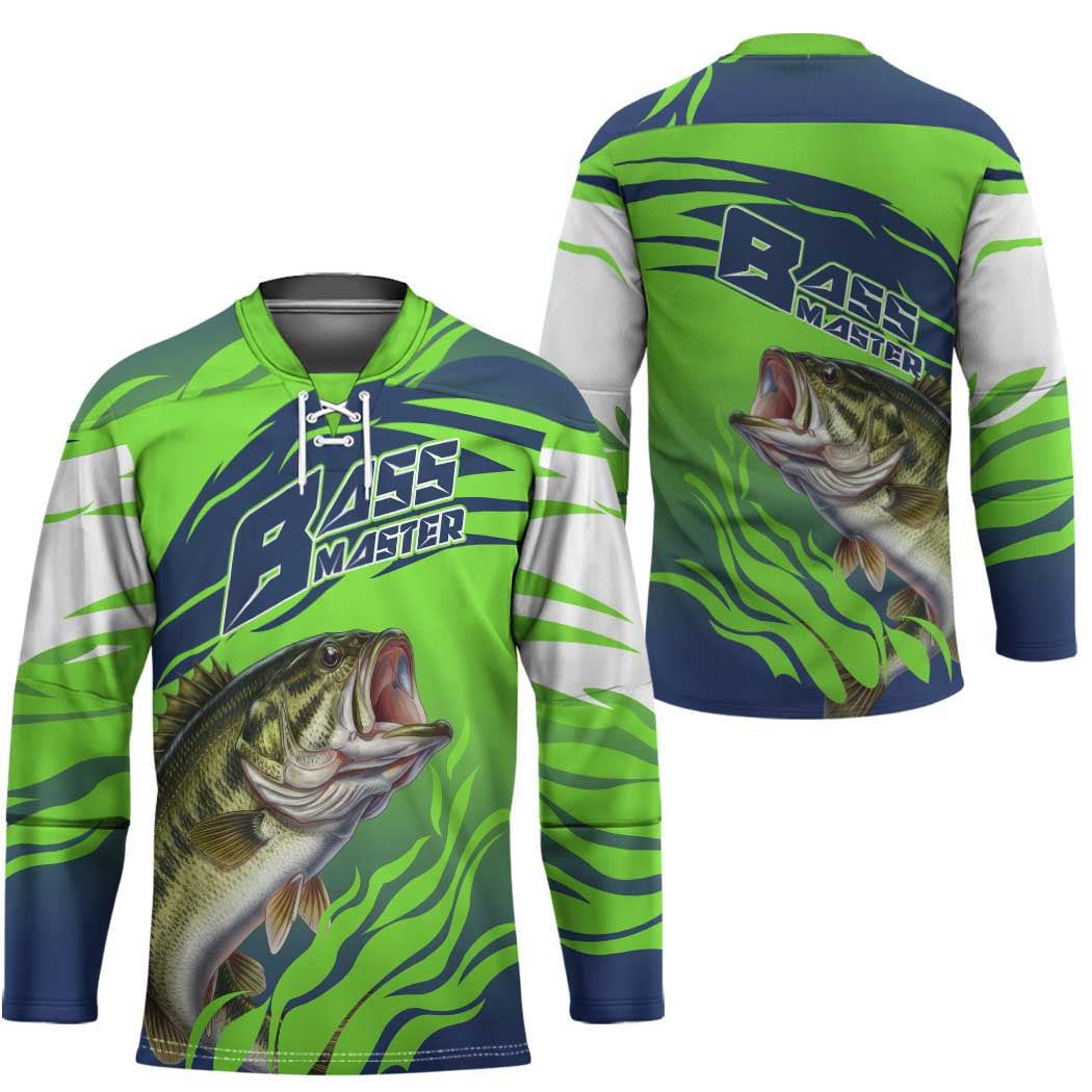Bass Master Fishing Hockey Jersey with Jumping Largemouth Bass and Green Wave Pattern - Wonder Print Shop