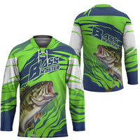Bass Master Fishing Hockey Jersey with Jumping Largemouth Bass and Green Wave Pattern - Wonder Print Shop