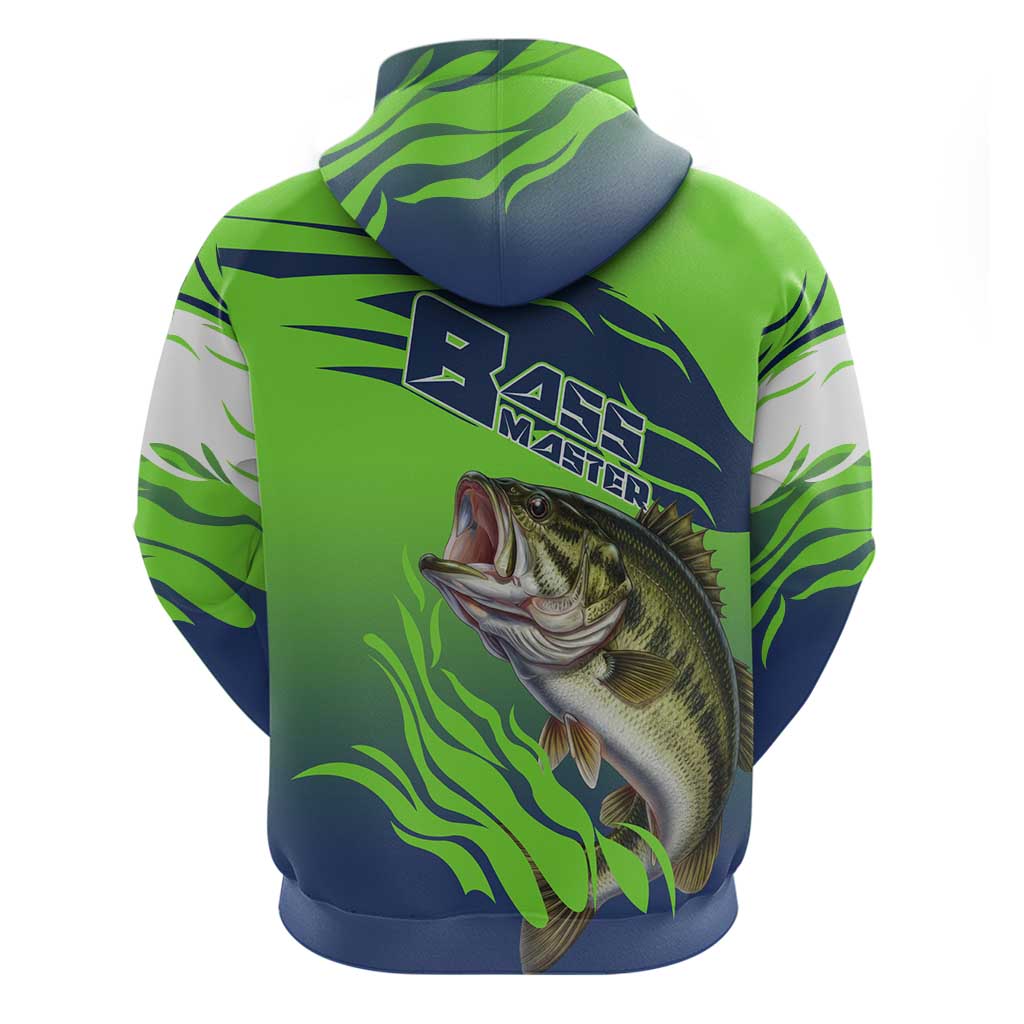 Bass Master Fishing Hoodie with Jumping Largemouth Bass and Green Wave Pattern - Wonder Print Shop