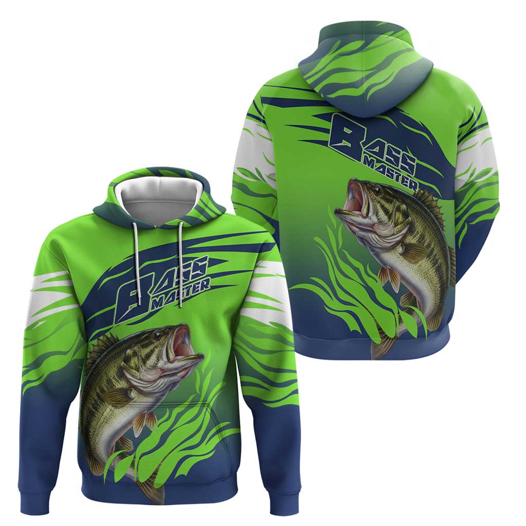 Bass Master Fishing Hoodie with Jumping Largemouth Bass and Green Wave Pattern - Wonder Print Shop