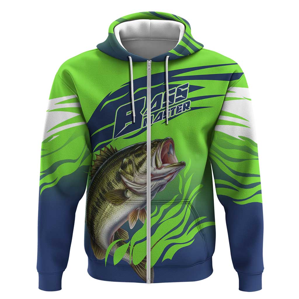 Bass Master Fishing Hoodie with Jumping Largemouth Bass and Green Wave Pattern - Wonder Print Shop