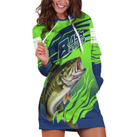 Bass Master Fishing Hoodie Dress with Jumping Largemouth Bass and Green Wave Pattern - Wonder Print Shop