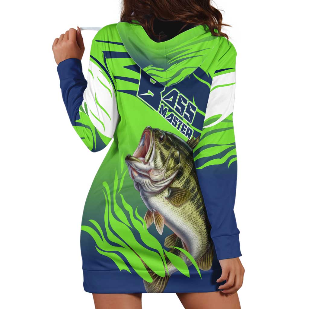 Bass Master Fishing Hoodie Dress with Jumping Largemouth Bass and Green Wave Pattern - Wonder Print Shop