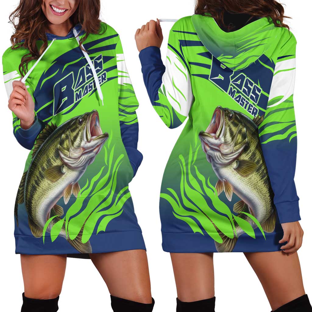 Bass Master Fishing Hoodie Dress with Jumping Largemouth Bass and Green Wave Pattern - Wonder Print Shop