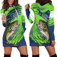 Bass Master Fishing Hoodie Dress with Jumping Largemouth Bass and Green Wave Pattern - Wonder Print Shop