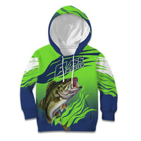 Bass Master Fishing Kid Hoodie with Jumping Largemouth Bass and Green Wave Pattern - Wonder Print Shop
