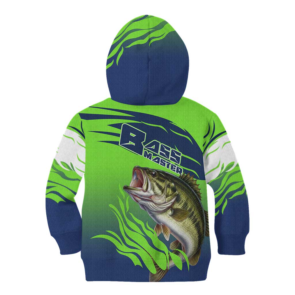 Bass Master Fishing Kid Hoodie with Jumping Largemouth Bass and Green Wave Pattern - Wonder Print Shop