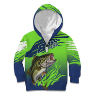 Bass Master Fishing Kid Hoodie with Jumping Largemouth Bass and Green Wave Pattern - Wonder Print Shop