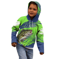Bass Master Fishing Kid Hoodie with Jumping Largemouth Bass and Green Wave Pattern - Wonder Print Shop