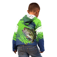 Bass Master Fishing Kid Hoodie with Jumping Largemouth Bass and Green Wave Pattern - Wonder Print Shop