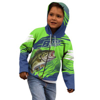 Bass Master Fishing Kid Hoodie with Jumping Largemouth Bass and Green Wave Pattern - Wonder Print Shop