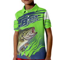 Bass Master Fishing Kid Polo Shirt with Jumping Largemouth Bass and Green Wave Pattern - Wonder Print Shop