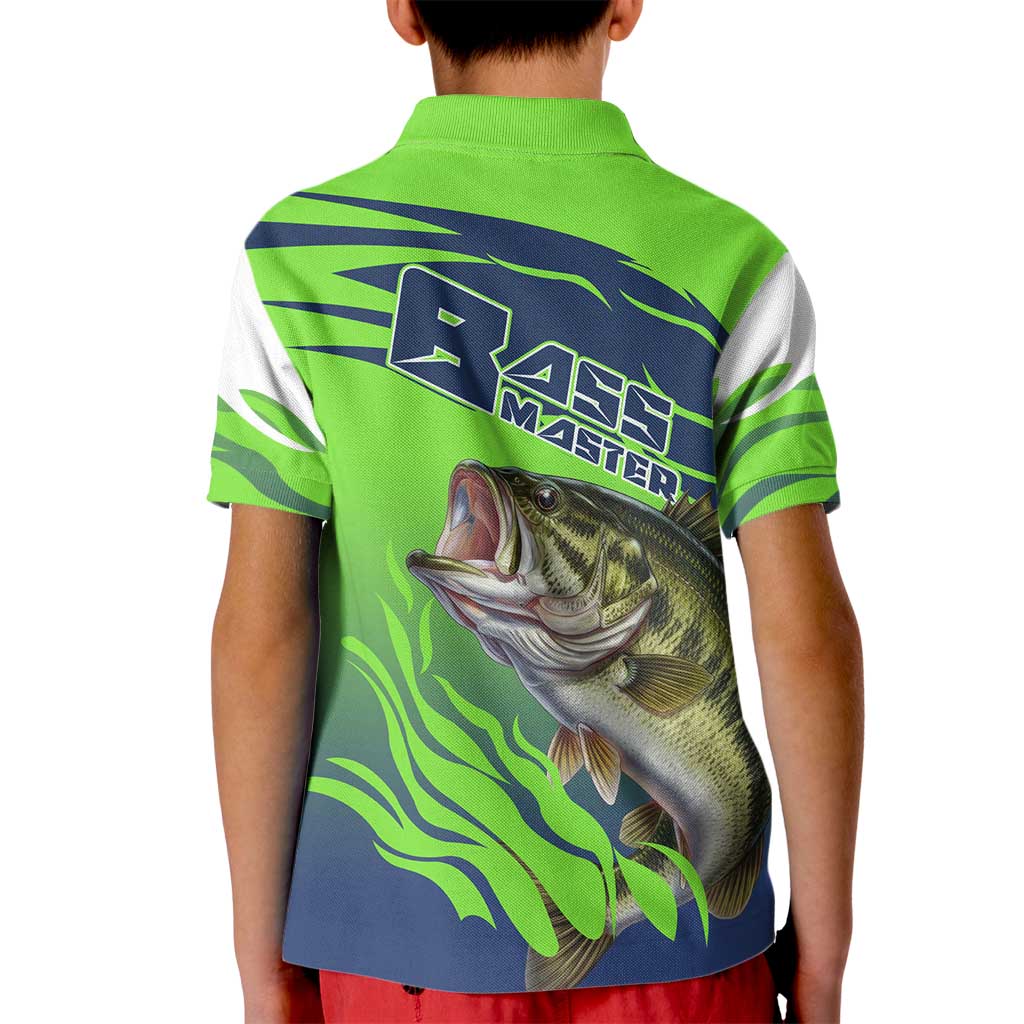 Bass Master Fishing Kid Polo Shirt with Jumping Largemouth Bass and Green Wave Pattern - Wonder Print Shop