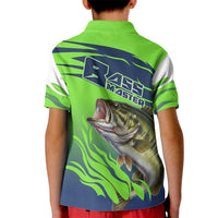 Bass Master Fishing Kid Polo Shirt with Jumping Largemouth Bass and Green Wave Pattern - Wonder Print Shop